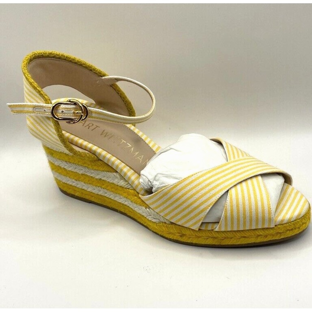 Stuart Weitzman Mirela Stripes Womens US 7.5C Ankle Strap Wedge Sandals NWOB